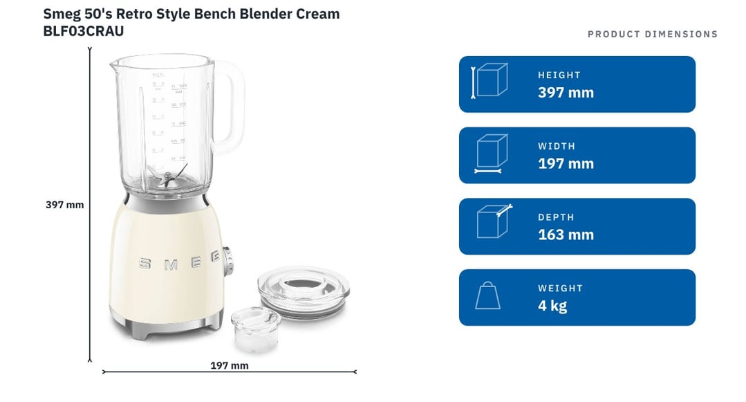 Smeg 50's Retro Style Bench Blender Cream BLF03CRAU — product dimensions