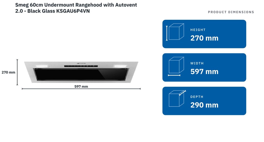 Smeg 60cm Undermount Rangehood with Autovent 2.0 - Black Glass KSGAU6P4VN — product dimensions