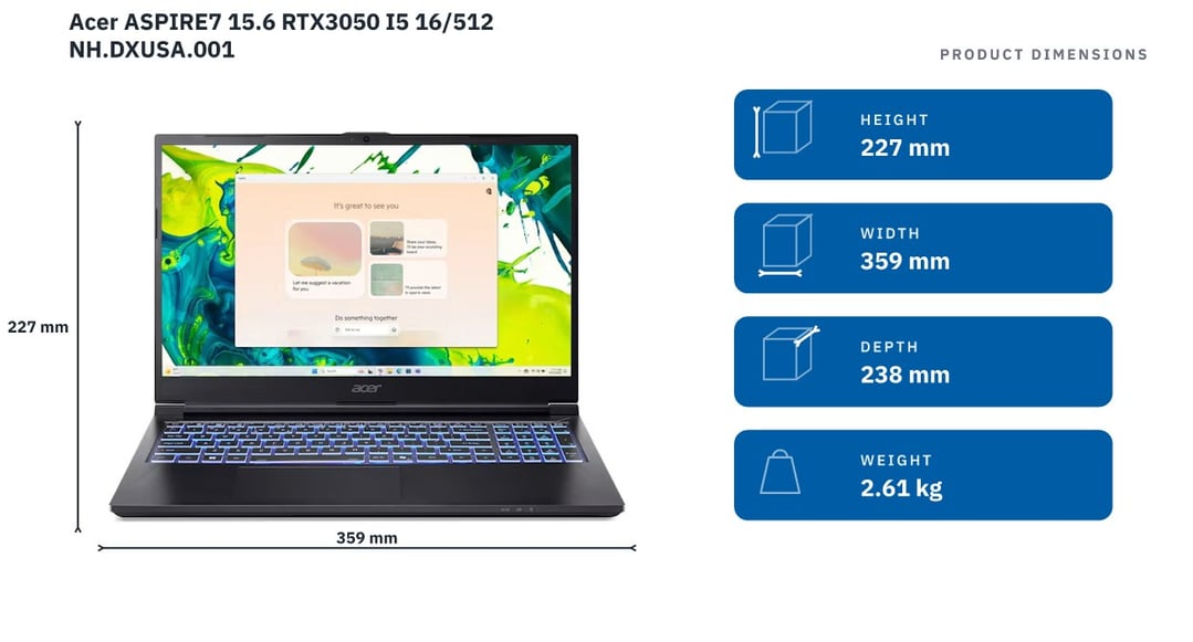 Acer ASPIRE7 15.6 RTX3050 I5 16/512 NH.DXUSA.001 — product dimensions