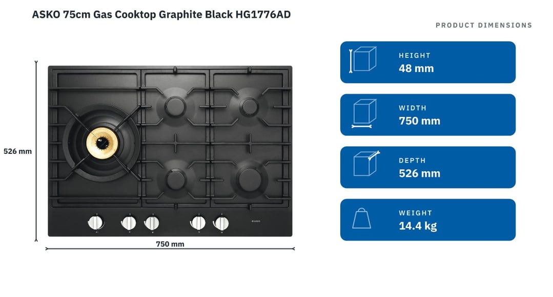 ASKO 75cm Gas Cooktop Graphite Black HG1776AD — product dimensions