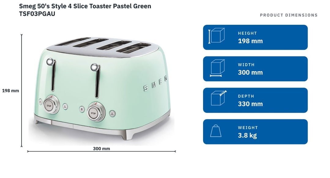 Smeg 50's Style 4 Slice Toaster Pastel Green TSF03PGAU