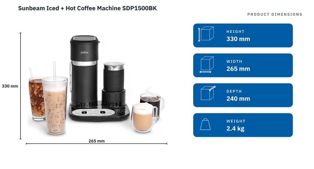 Sunbeam Iced + Hot Coffee Machine SDP1500BK — product dimensions