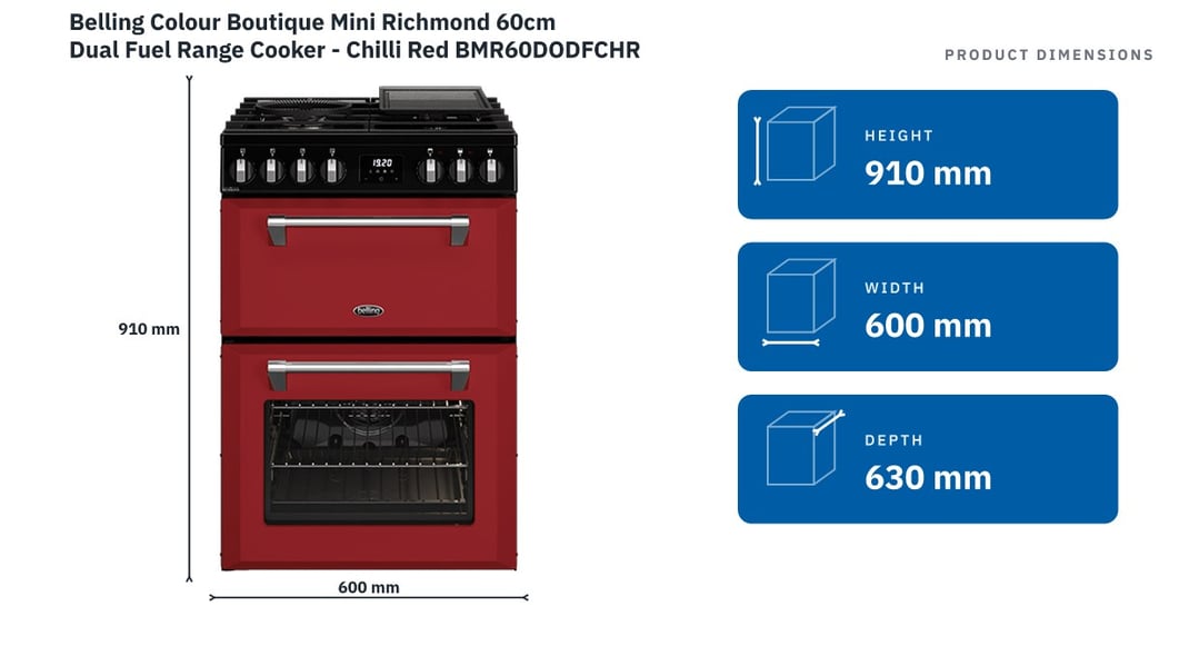 Belling Colour Boutique Mini Richmond 60cm Dual Fuel Range Cooker - Chilli Red BMR60DODFCHR — product dimensions