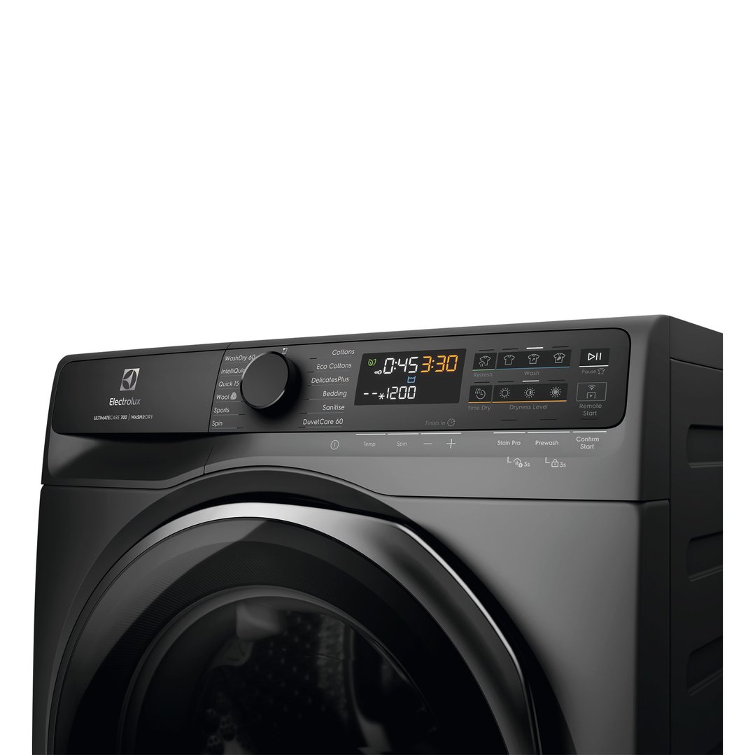 Close up of the control panel and door of a dark onyx washing machine