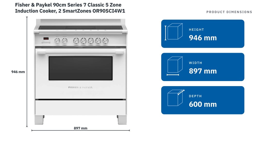 Fisher & Paykel 90cm Series 7 Classic 5 Zone Induction Cooker, 2 SmartZones OR90SCI4W1 — product dimensions