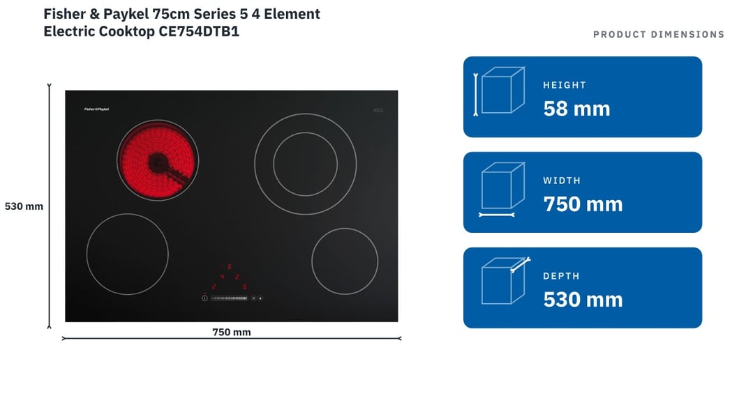 Fisher & Paykel 75cm Series 5 4 Element Electric Cooktop CE754DTB1 — product dimensions