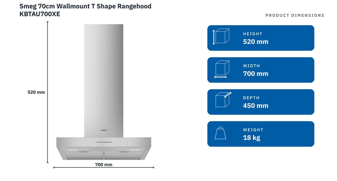 Smeg 70cm Wallmount T Shape Rangehood KBTAU700XE — product dimensions
