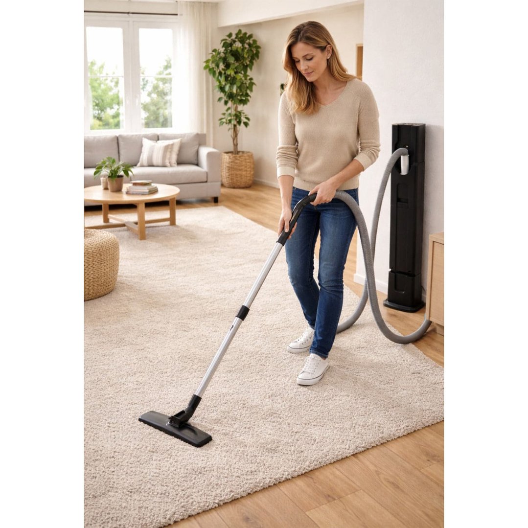 Woman vacuuming a light-colored rug in a living room with a vacuum cleaner