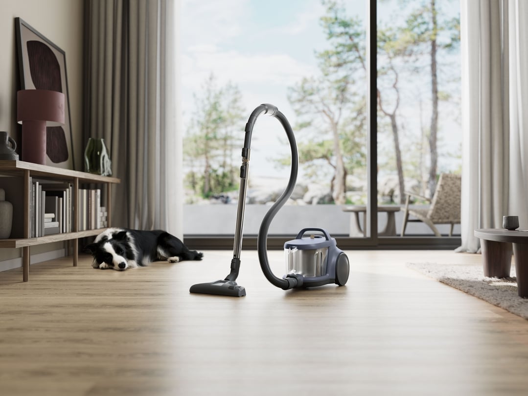 Bagless vacuum cleaner on a wooden floor with a dog and large window