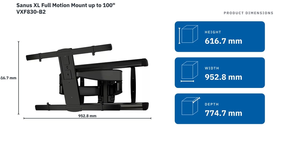 Sanus XL Full Motion Mount up to 100" VXF830-B2 — product dimensions