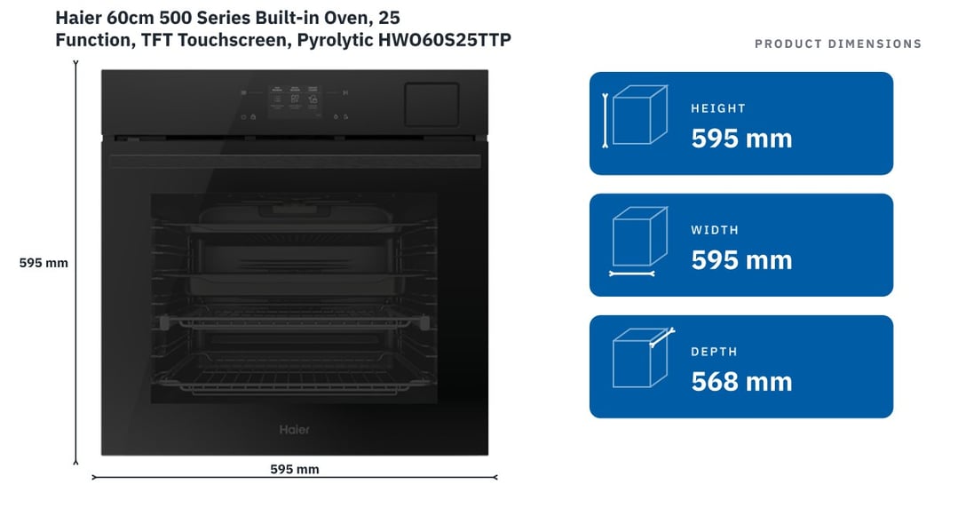 Haier 60cm 500 Series Built-in Oven, 25 Function, TFT Touchscreen, Pyrolytic HWO60S25TTPB5 — product dimensions