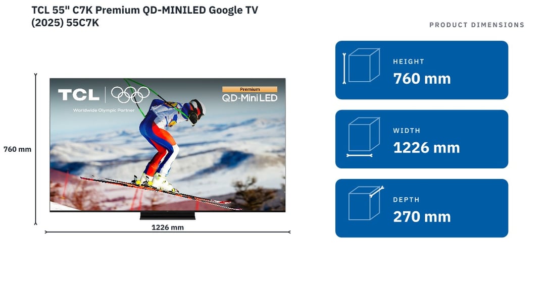 TCL 55" C7K Premium QD-MINILED Google TV (2025) 55C7K — product dimensions