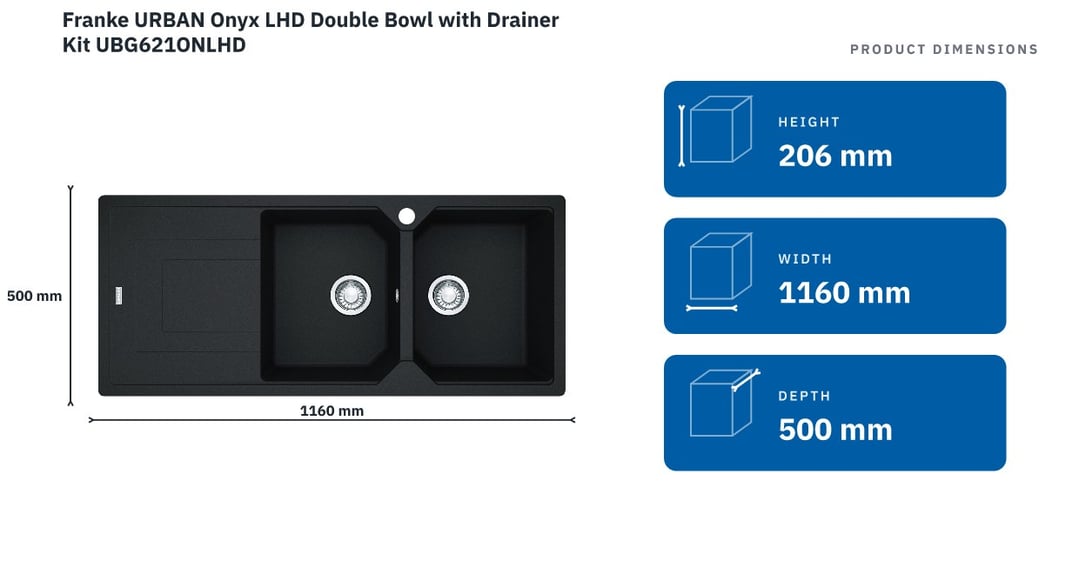 Franke URBAN Onyx LHD Double Bowl with Drainer Kit UBG621ONLHD — product dimensions