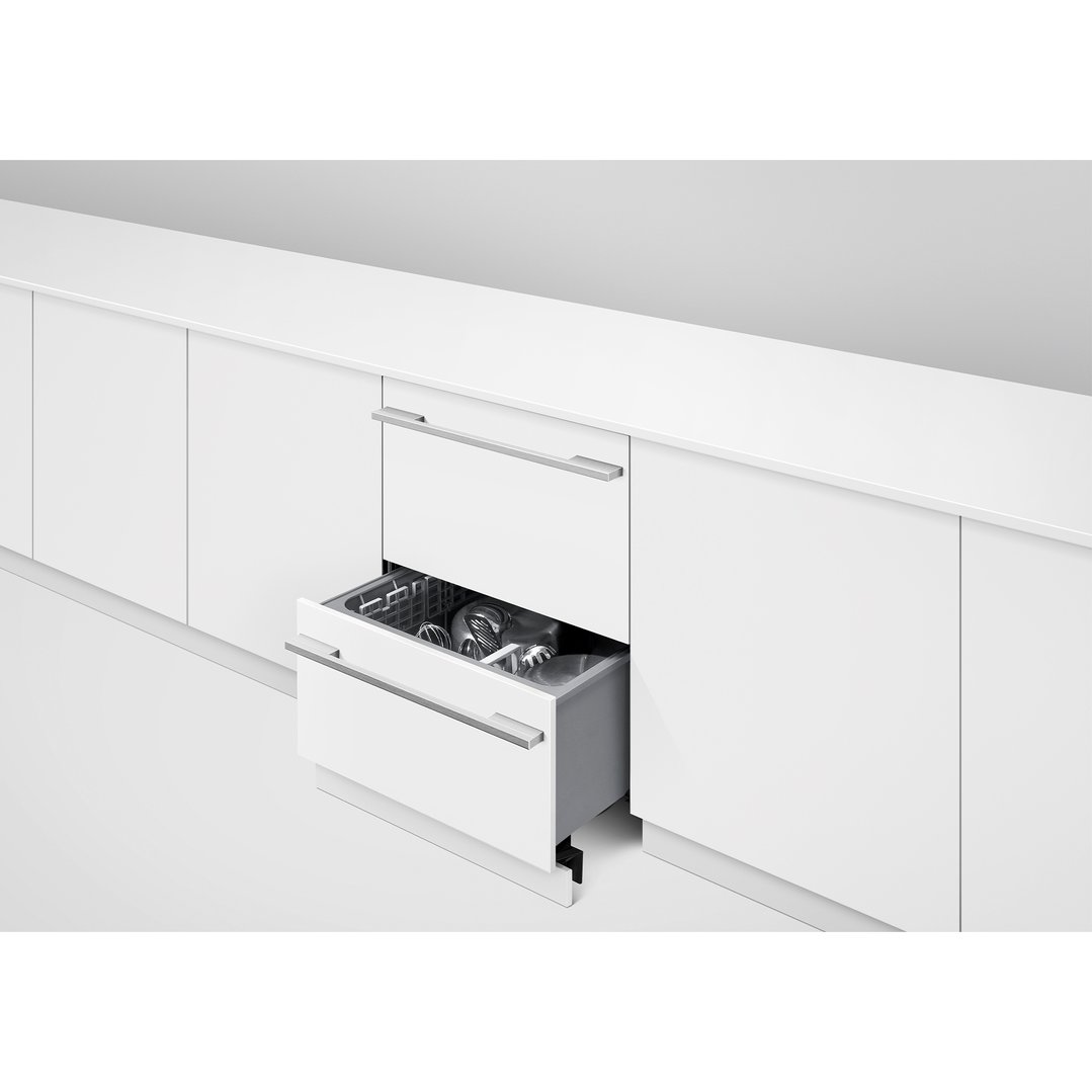 Integrated Double DishDrawer Dishwasher in a white kitchen with drawer open