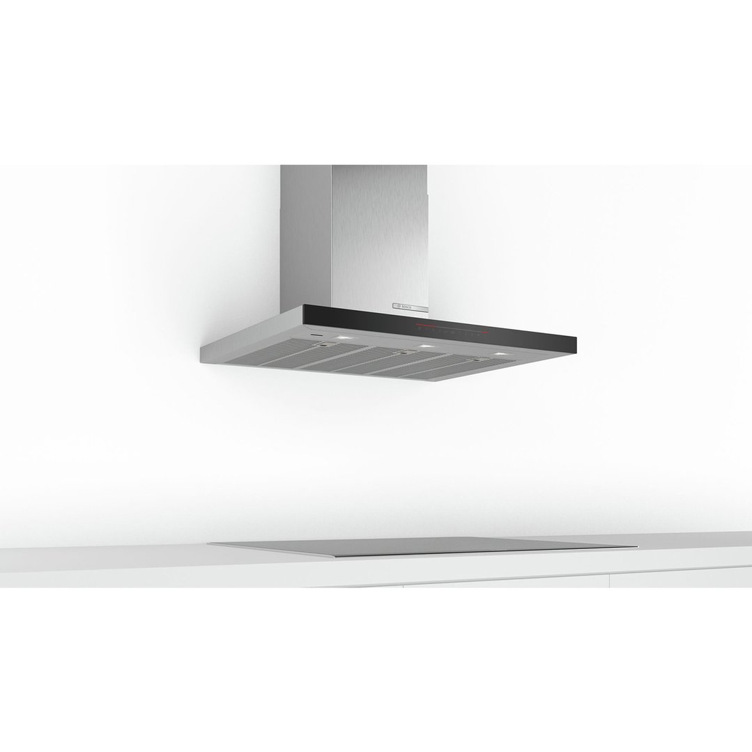 Wall-mounted rangehood above a cooktop in a modern kitchen setting