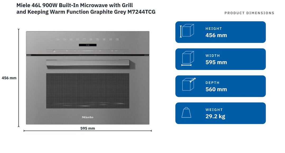 Miele 46L 900W Built-In Microwave with Grill and Keeping Warm Function Graphite Grey M7244TCGRGR — product dimensions