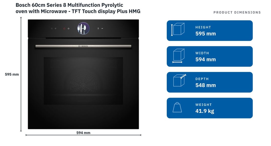 Bosch 60cm Series 8 Multifunction Pyrolytic oven with Microwave - TFT Touch display Plus HMG7761B1A — product dimensions