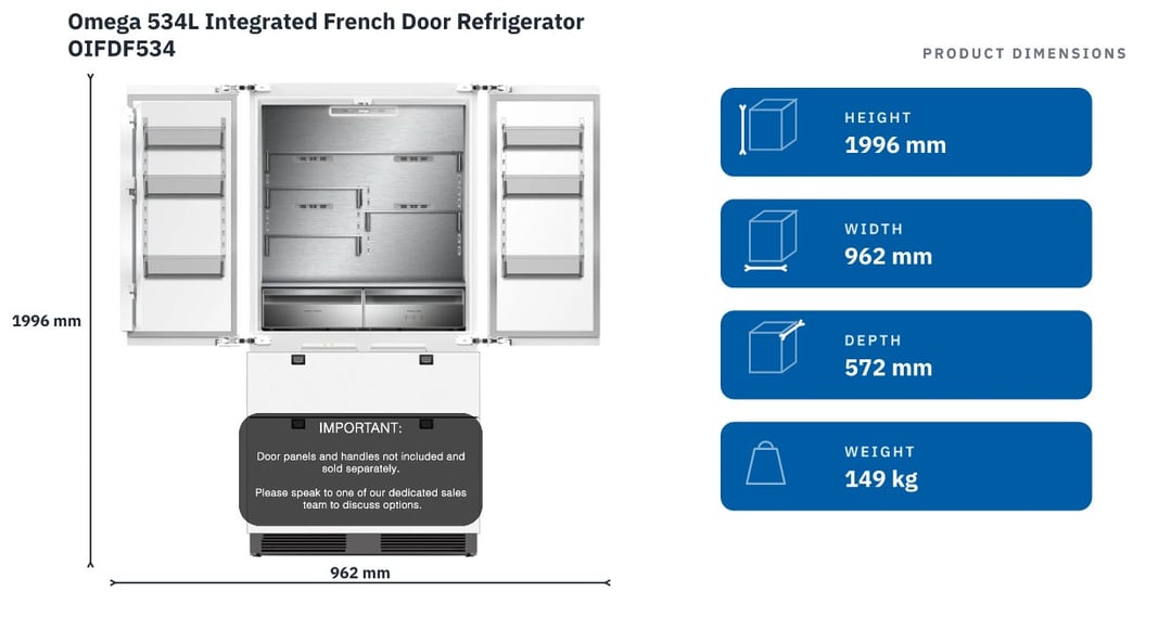 Omega 534L Integrated French Door Refrigerator OIFDF534 — product dimensions