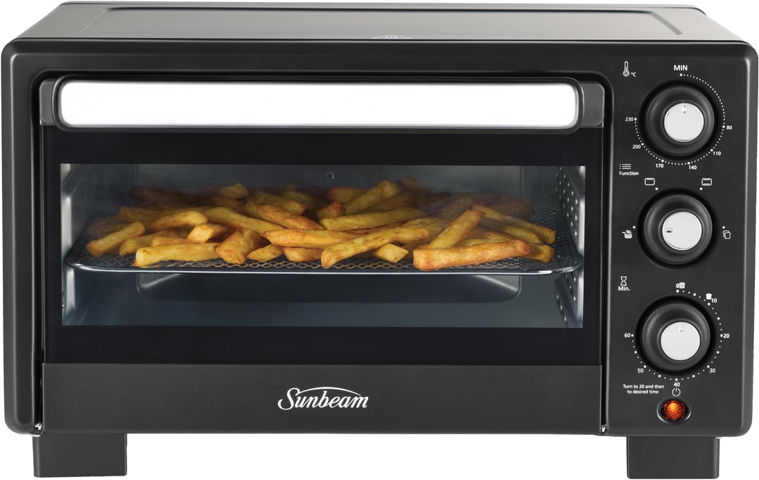 Black Sunbeam NutriCrisp 17L Air Fryer Oven with french fries inside