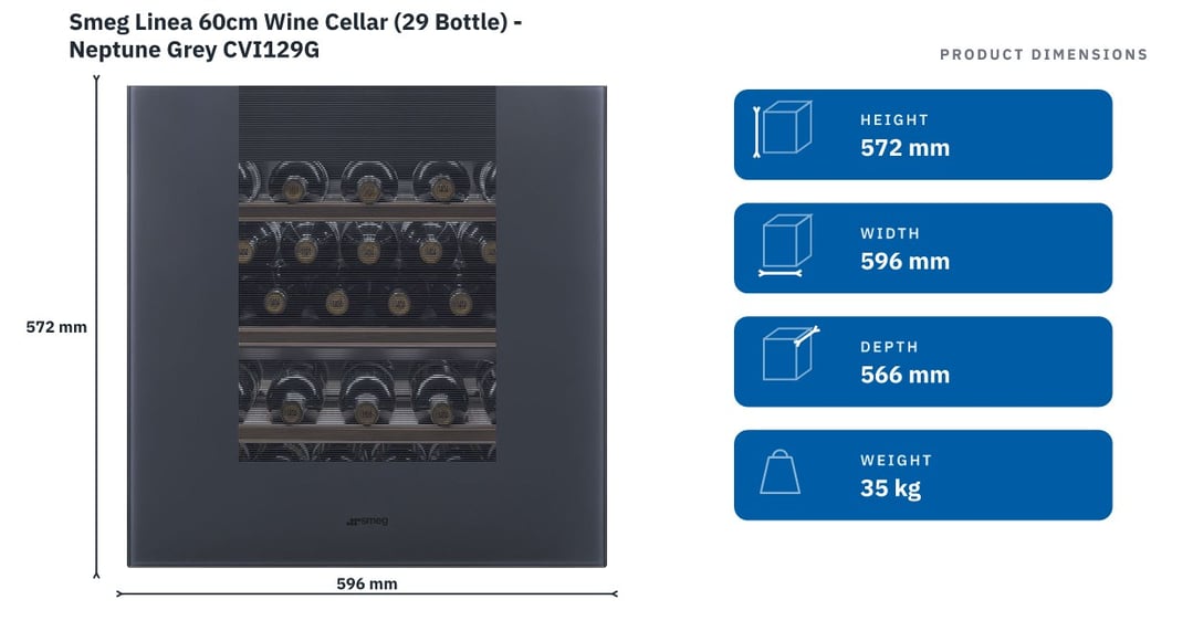 Smeg Linea 60cm Wine Cellar (29 Bottle) - Neptune Grey CVI129G — product dimensions
