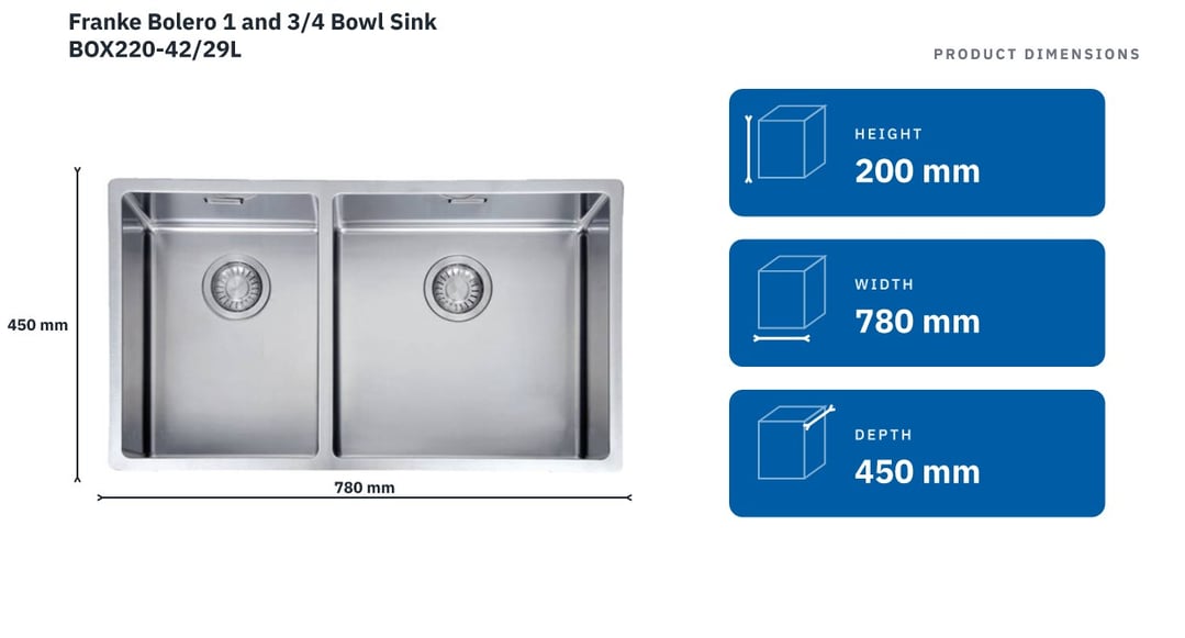 Franke Bolero 1 and 3/4 Bowl Sink BOX220-42/29L — product dimensions