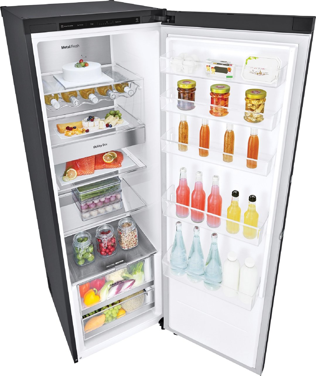 Open LG single door fridge with food and drinks on shelves and in drawers