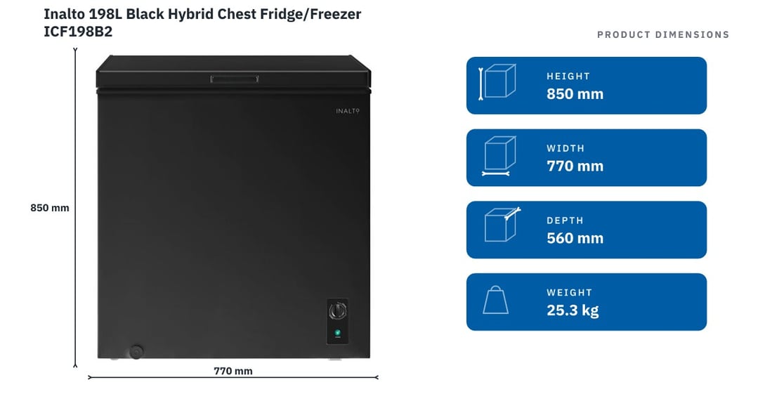 Inalto 198L Black Hybrid Chest Fridge/Freezer ICF198B2 — product dimensions