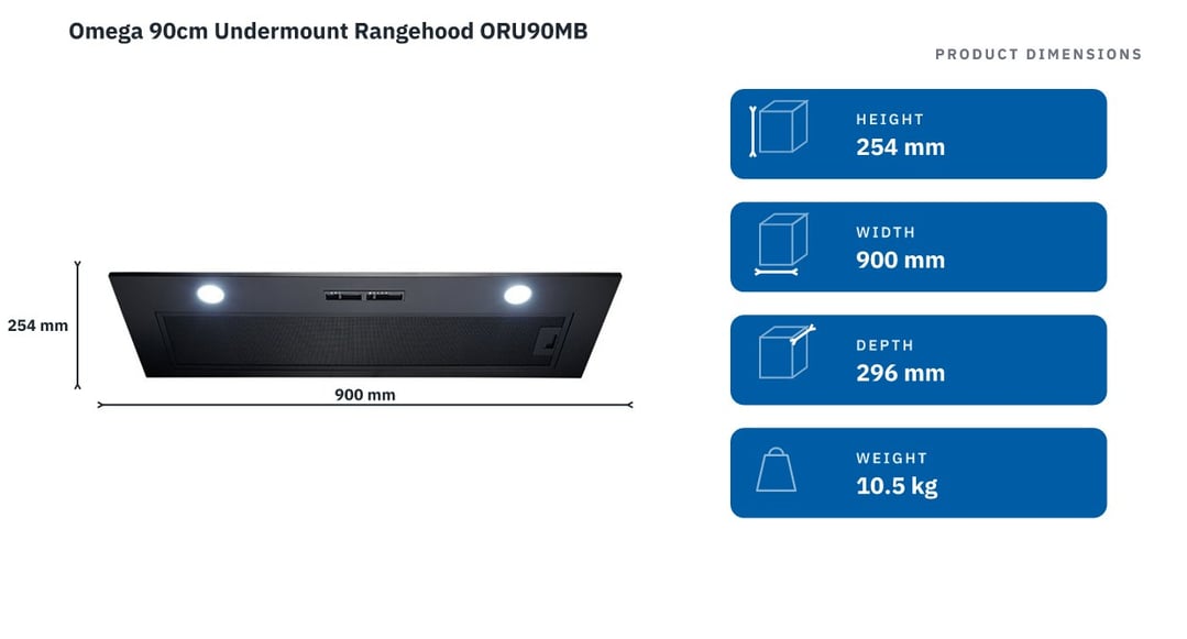 Omega 90cm Undermount Rangehood ORU90MB — product dimensions