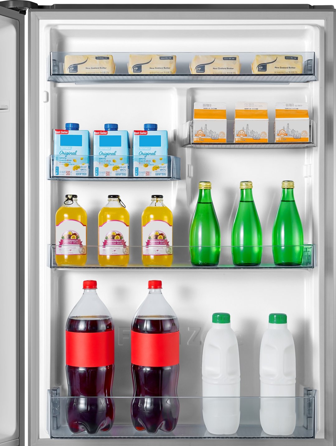 Open HISENSE bottom mount fridge filled with various food and drink items