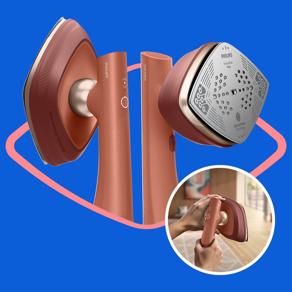 Two Philips OneTurn Hybrid Iron & Steamers in autumn leaf color on a blue background