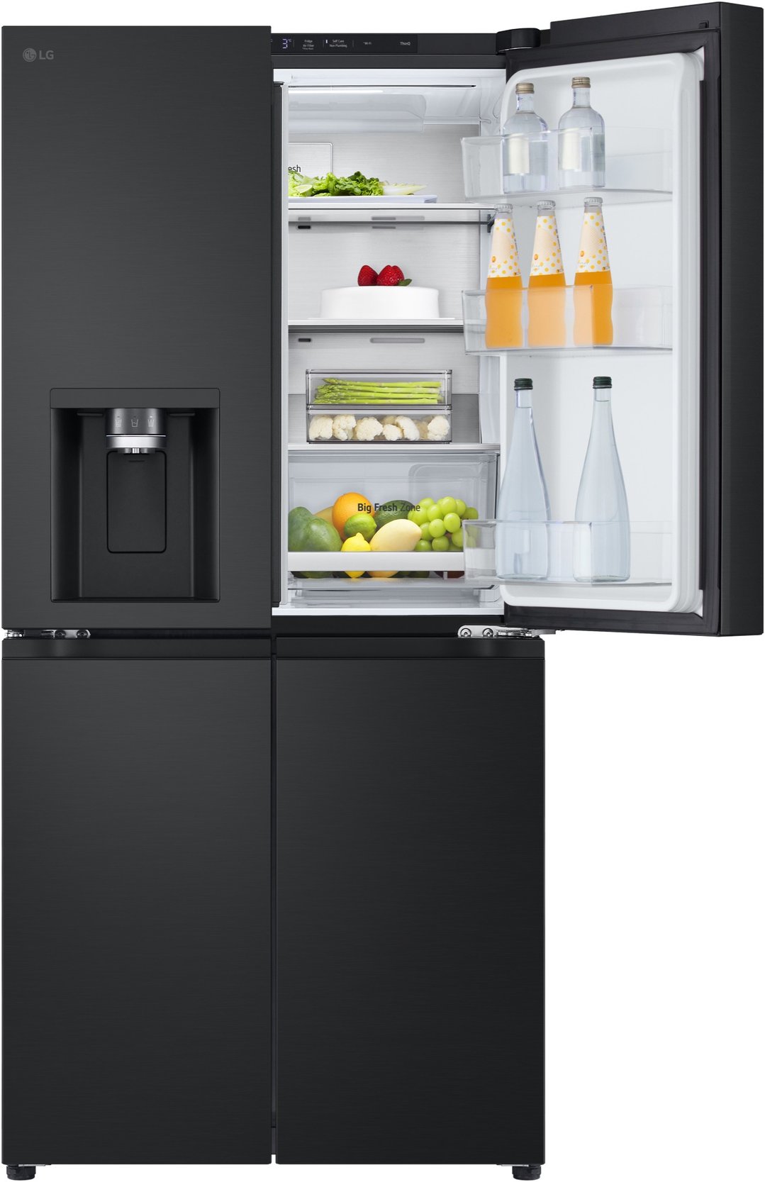 Matte black French door fridge with the top right door open, showing interior contents