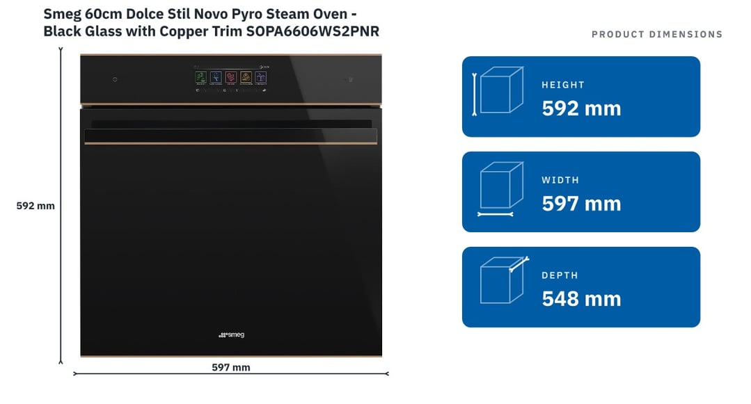 Smeg 60cm Dolce Stil Novo Pyro Steam Oven - Black Glass with Copper Trim SOPA6606WS2PNR — product dimensions