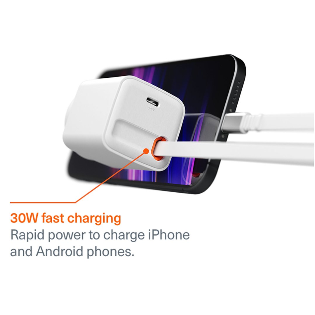 Cygnett PowerPlus 30W Wall Charger with 80cm Retractable USB-C Cable CY5762PDWCH