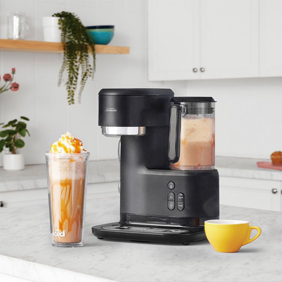 Black Sunbeam Frappe Iced + Hot Coffee Machine on a kitchen counter