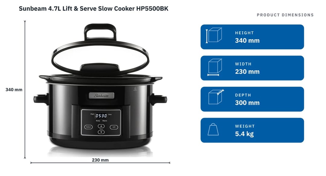 Sunbeam 4.7L Lift & Serve Slow Cooker HP5500BK — product dimensions
