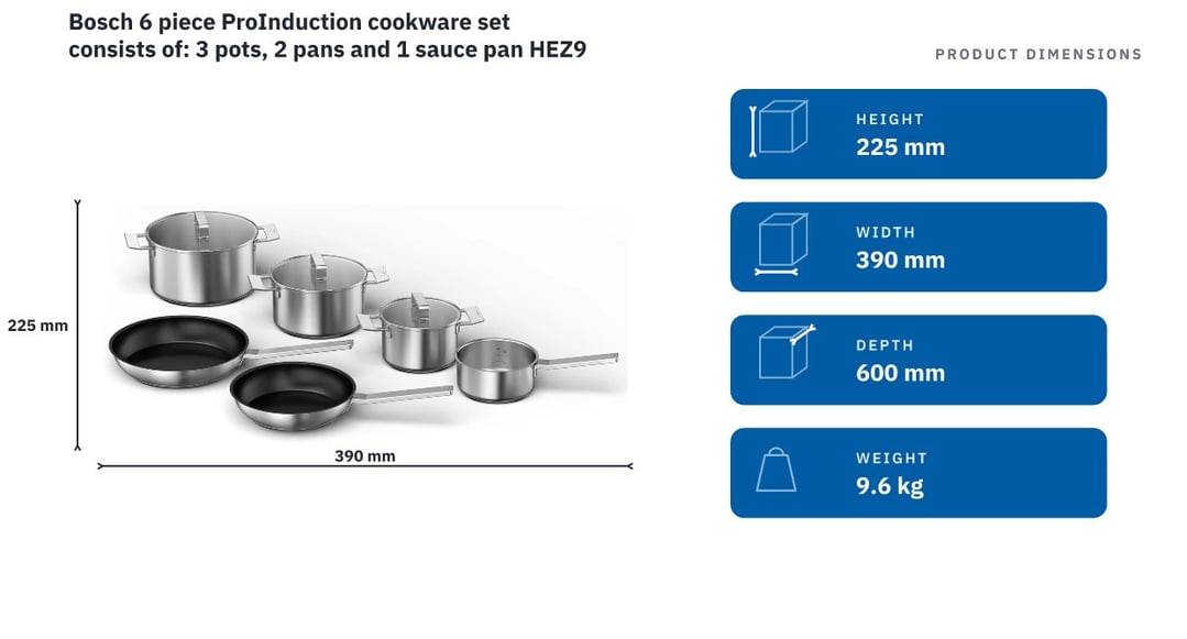 Bosch 6 piece ProInduction cookware set consists of: 3 pots, 2 pans and 1 sauce pan HEZ9SE060 — product dimensions