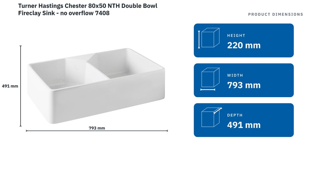 Turner Hastings Chester 80x50 NTH Double Bowl Fireclay Sink - no overflow 7408 — product dimensions