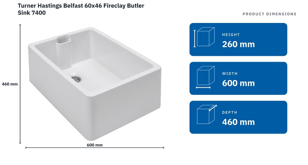 Turner Hastings Belfast 60x46 Fireclay Butler Sink 7400 — product dimensions