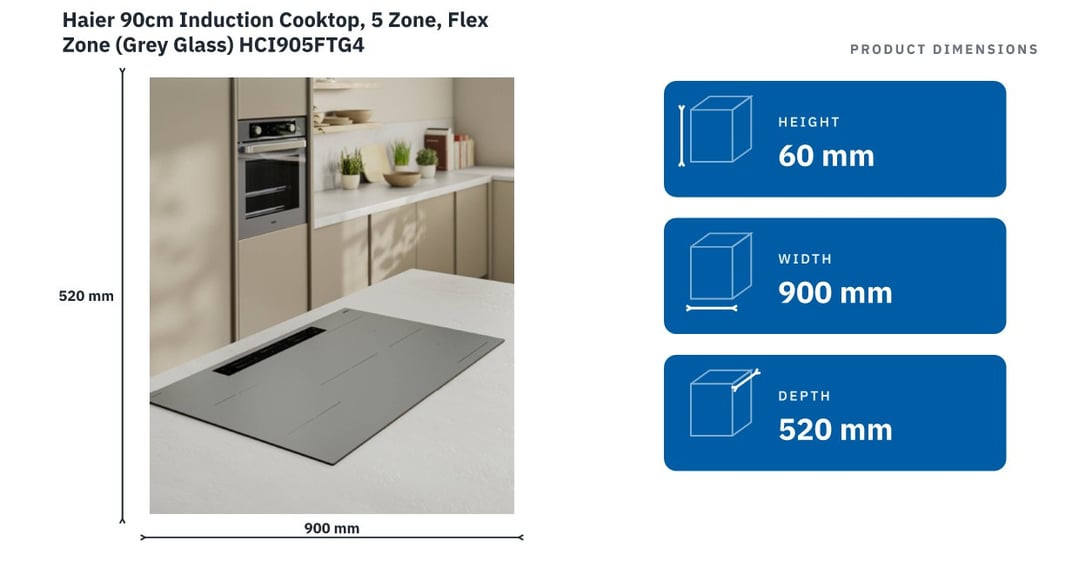 Haier 90cm Induction Cooktop, 5 Zone, Flex Zone (Grey Glass) HCI905FTG4