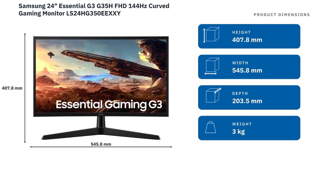 Samsung 24" Essential G3 G35H FHD 144Hz Curved Gaming Monitor LS24HG350EEXXY — product dimensions