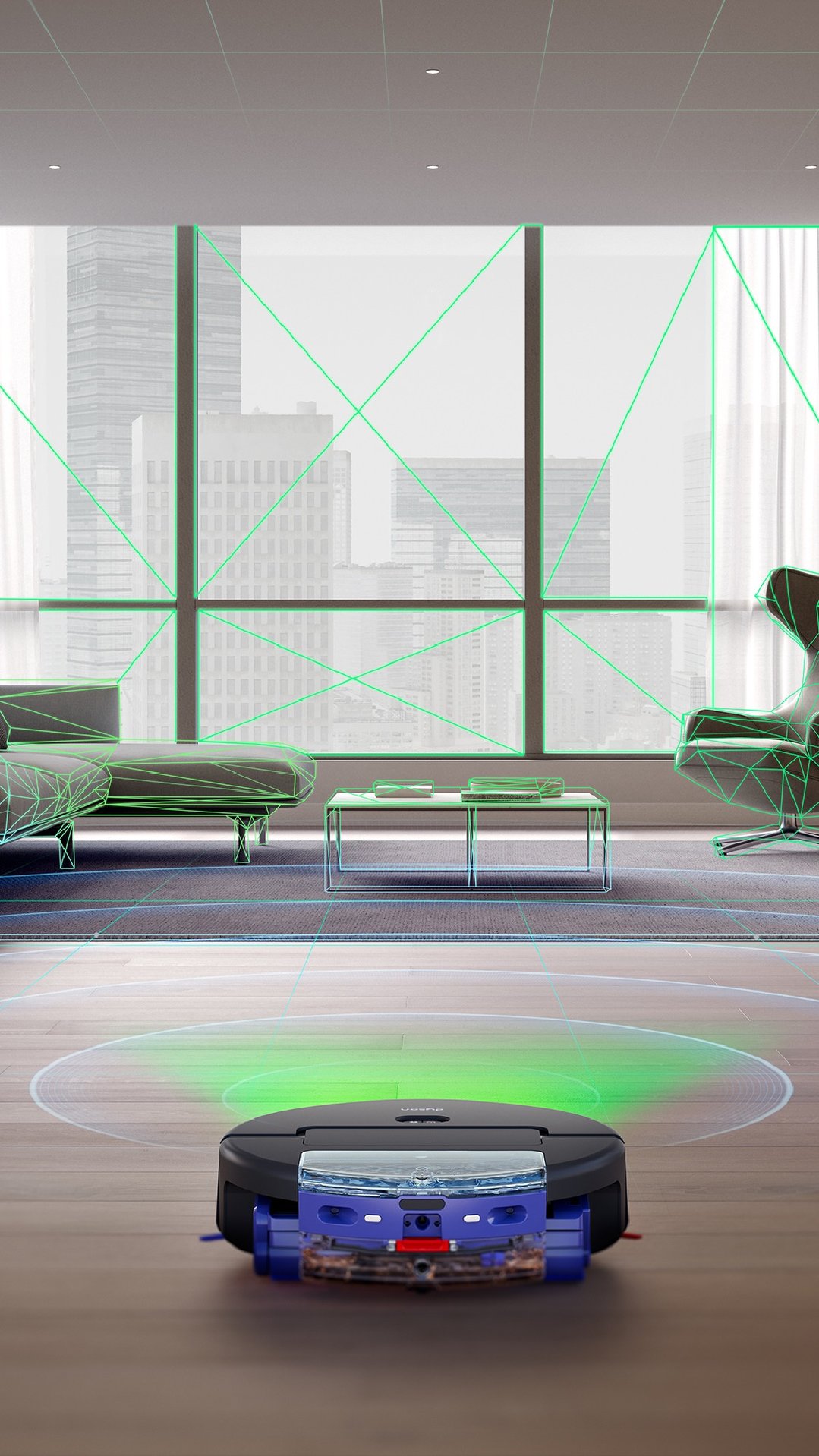 Dyson robot vacuum cleaner mapping a modern living room with large windows