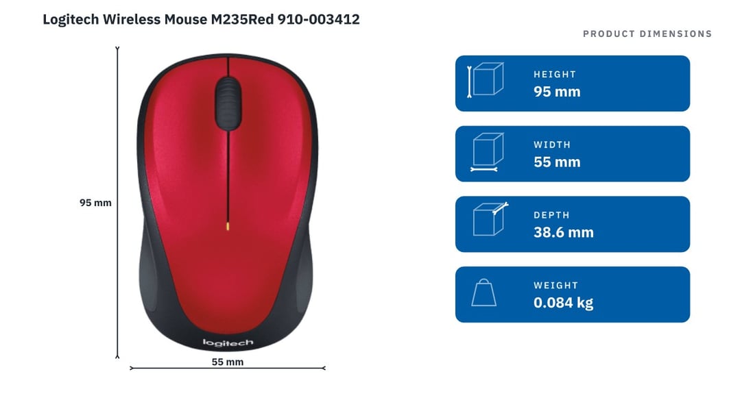 Logitech Wireless Mouse M235Red 910-003412 — product dimensions