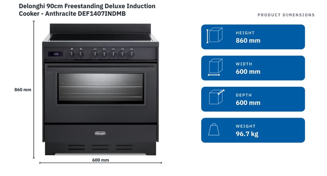 Delonghi 90cm Freestanding Deluxe Induction Cooker - Anthracite DEF1407INDMB