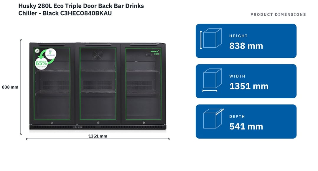 Husky 280L Eco Triple Door Back Bar Drinks Chiller - Black C3HECO840BKAU — product dimensions