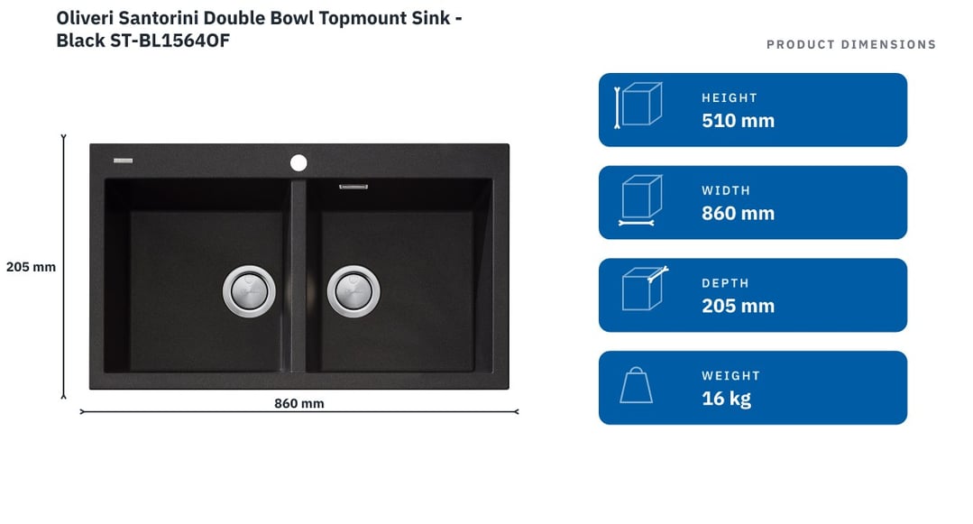 Oliveri Santorini Double Bowl Topmount Sink - Black ST-BL1564OF — product dimensions