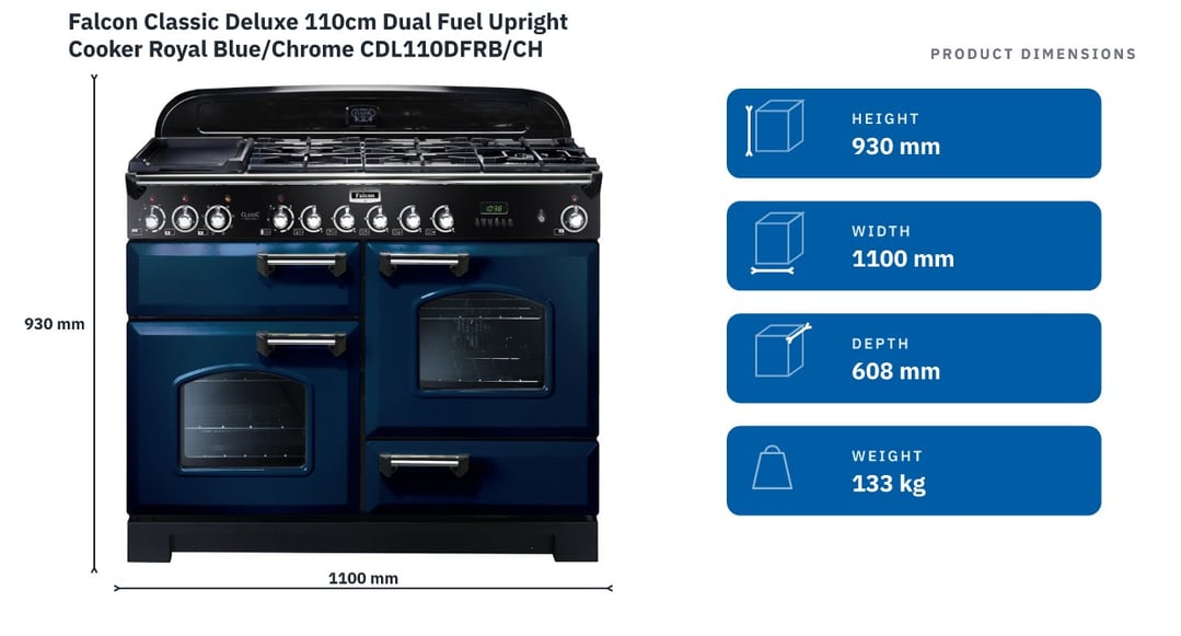Falcon Classic Deluxe 110cm Dual Fuel Upright Cooker Royal Blue/Chrome CDL110DFRB/CH — product dimensions