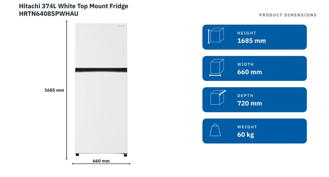 Hitachi 374L White Top Mount Fridge HRTN6408SPWHAU