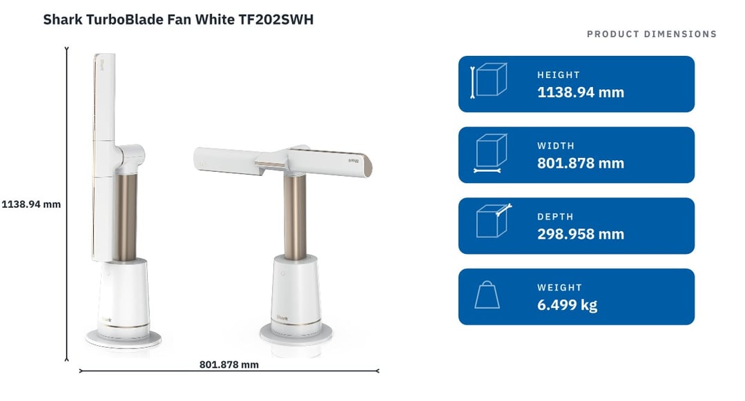 Shark TurboBlade Fan White TF202SWH — product dimensions