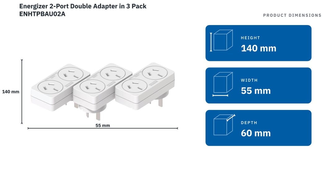 Energizer 2-Port Double Adapter in 3 Pack ENHTPBAU02A — product dimensions