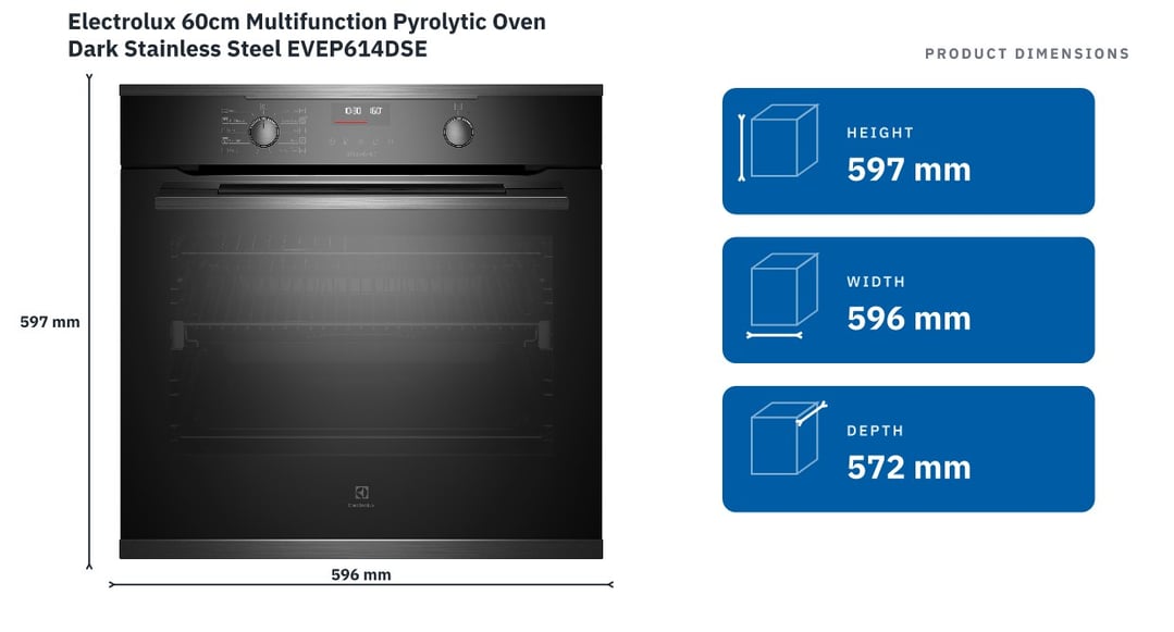 Electrolux 60cm Multifunction Pyrolytic Oven Dark Stainless Steel EVEP614DSE — product dimensions